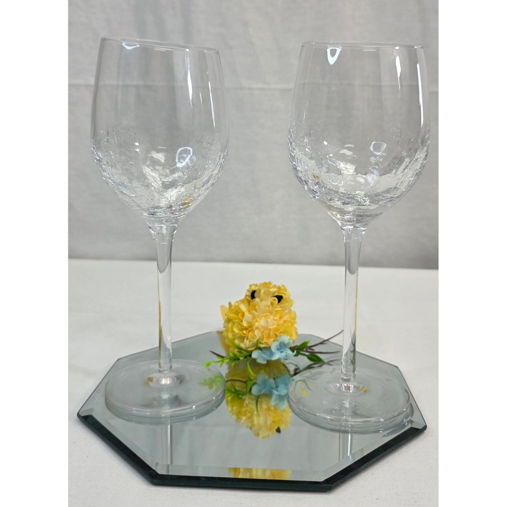 Set of 2 Crackle Glass Wine Glasses Clear Stemmed Barware